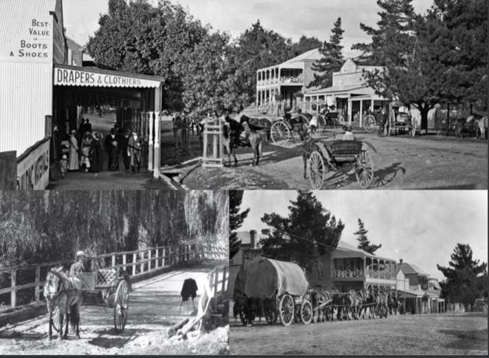 BOTTOM LEFT: ARNOLD PLAYLE, A PROMINENT CORRYONG BUSINESSMAN AND PHOTOGRAPHER, TOOK MANY PHOTOS AROUND THE DISTRICT CAPTURING THE LIFE AND TIMES OF THE UPPER MURRAY COMMUNITY AND LANDSCAPE. TOP AND BOTTOM RIGHT: CORRYONG MAIN STREET CAPTURED BY ARNOLD PLAYLE.