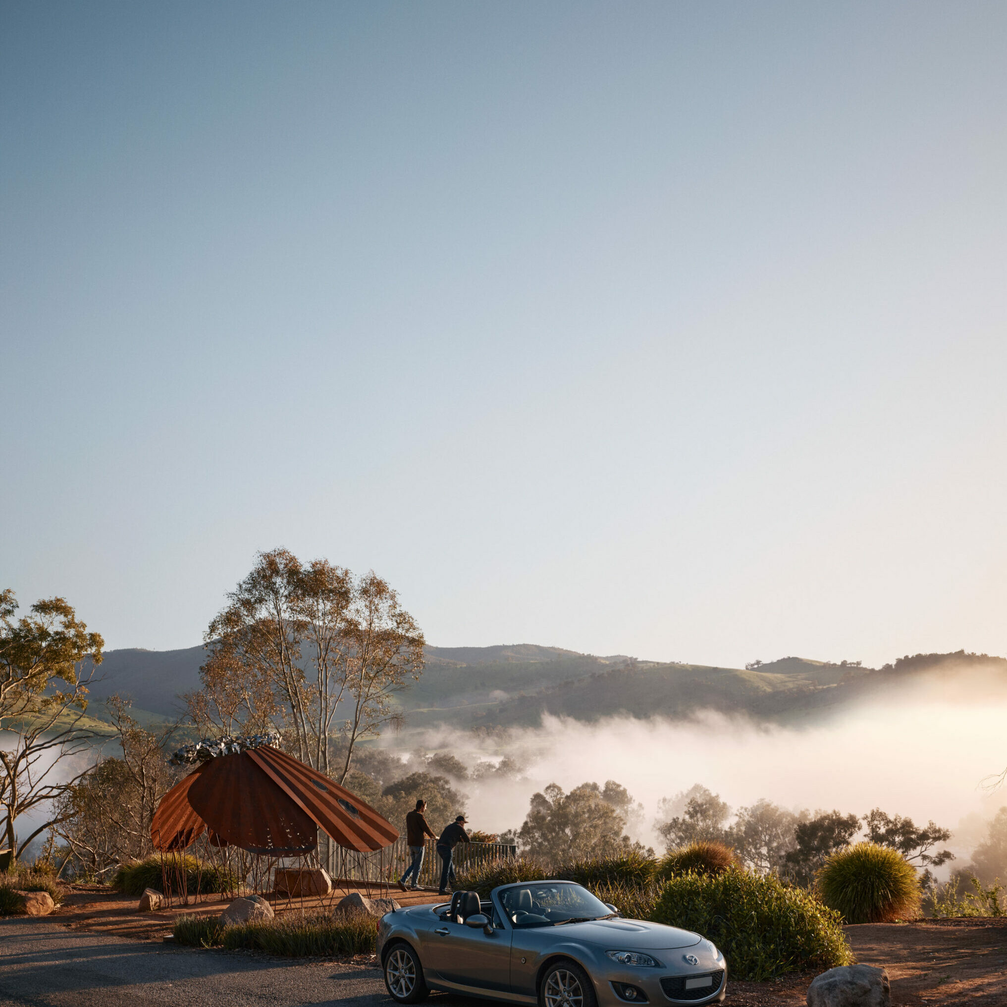 Scenic lookout offering panoramic views along the Great River Road, embodying the route's blend of natural beauty and quirky art installations.