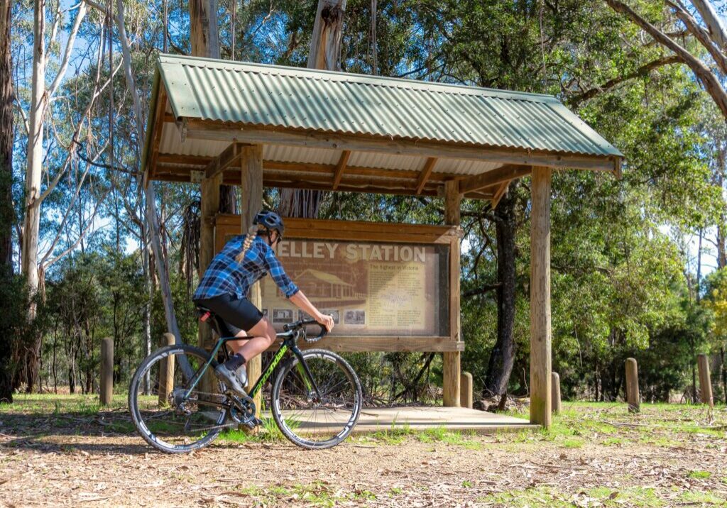 A cyclist at the old Shelley Station sign on the High Country Rail Trail